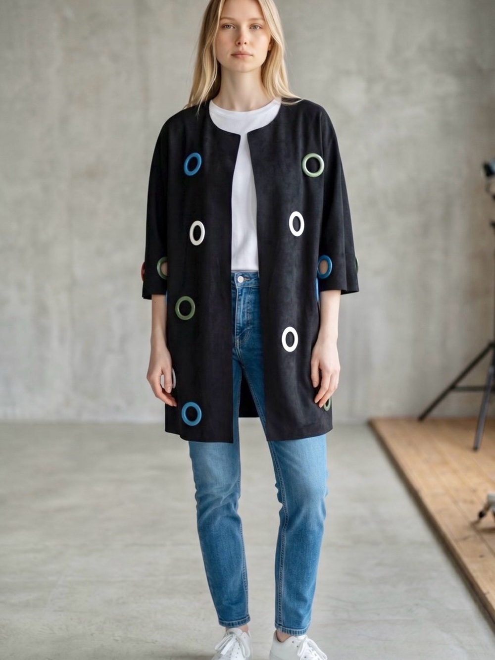 Adore Retro Open-Front Faux Suede Coat with Multicolor Grommet Details-Large
